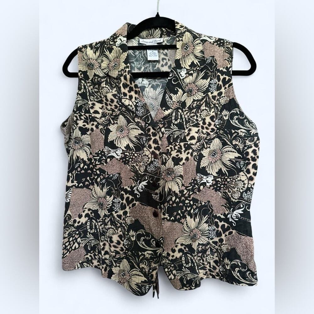 Vintage Anna and Frank Silk Tank Top Blouse Medium M Leopard Floral Tie Back